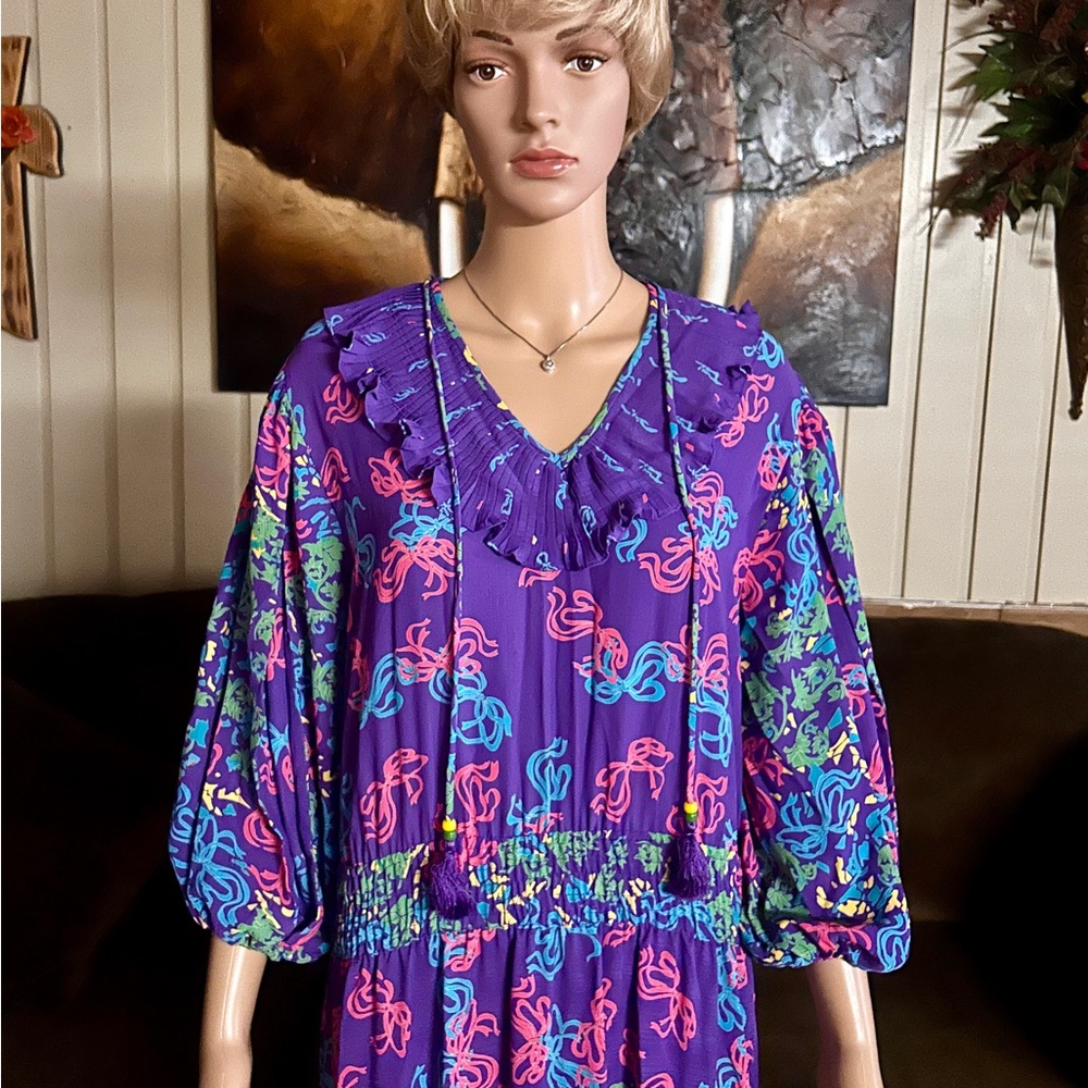 Diane Freis • Vintage • Large • Purple/Pink W/ Ribbon Design~Ruffles/Tie • Dress - Picture 7 of 15